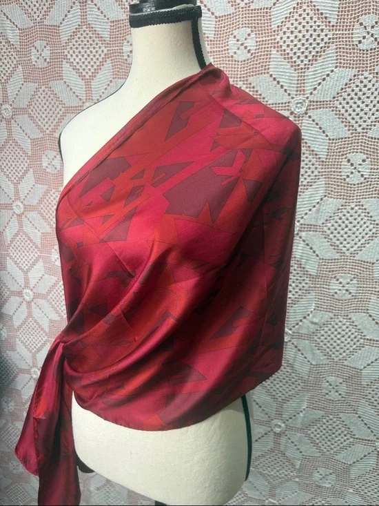 100% Silk Sheer Scarf Wrap | Red Geometric | Lightweight - Picture 3 of 7